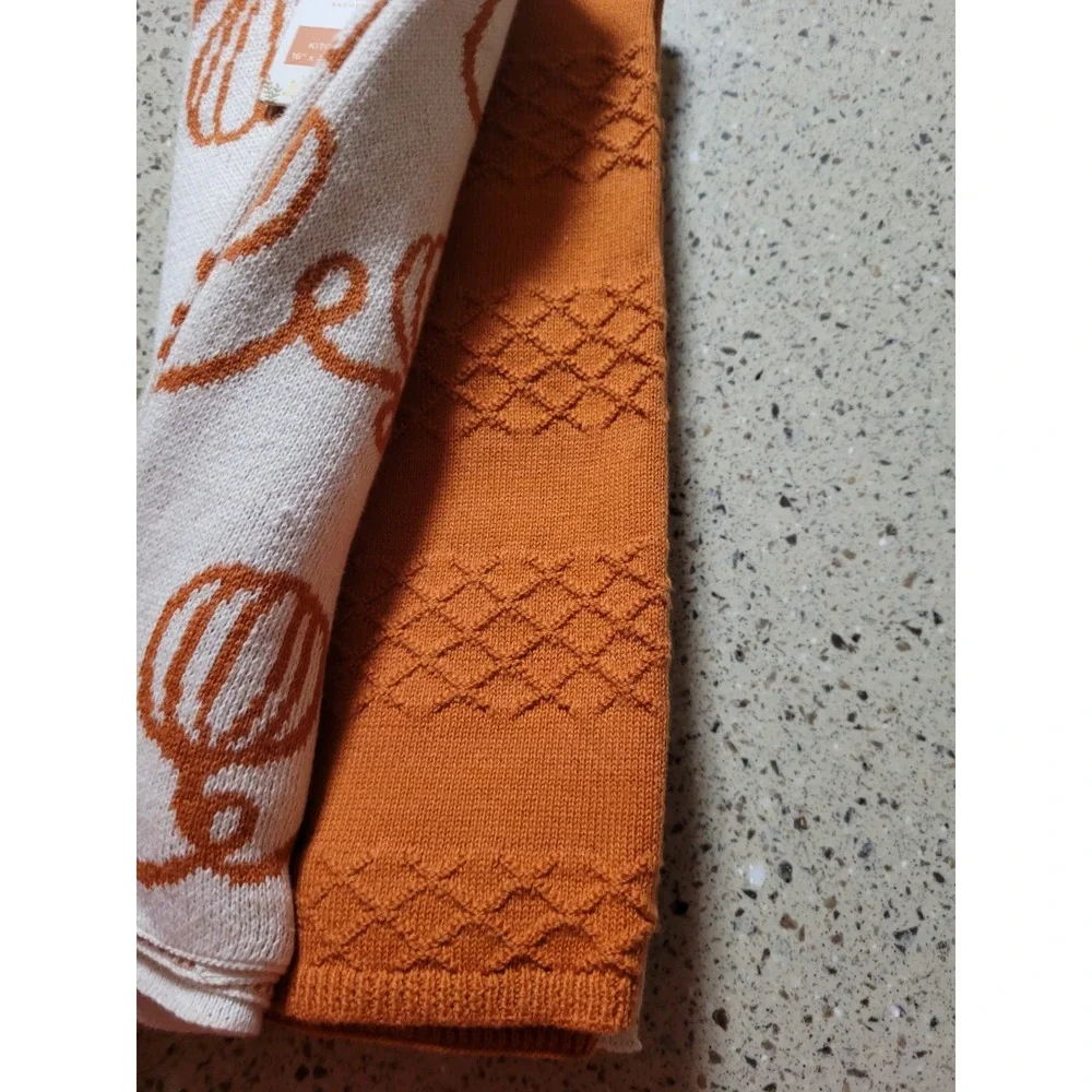 Rachel Ashwell The Farmhouse Set Of 3 Soft Kitchen Towels Pumpkin, Chunky Knit